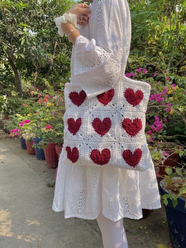 crochet tote bag carry love with our heart shoulder bag 3